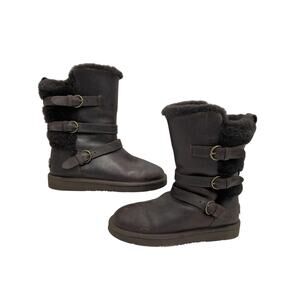 UGG Australia Chocolate Brown Leather Bow Buckle Mid-Calf Boot Size 7 Brand New